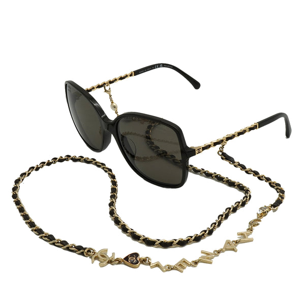 VINTAGE CHANEL COCOMARK SUNGLASSES FAUX PEARL CHAIN BLACK GOLD EYEWEAR 90340536