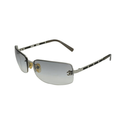 VINTAGE CHANEL COCOMARK SUNGLASSES SILVER BLACK LEATHER EYEWEAR 90330691