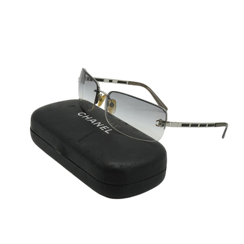 VINTAGE CHANEL COCOMARK SUNGLASSES SILVER BLACK LEATHER EYEWEAR 90330691