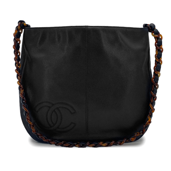 VINTAGE CHANEL COCOMARK TORTOISESHELL CHAIN TOTE BAG BLACK CAVIAR SKIN 90320181