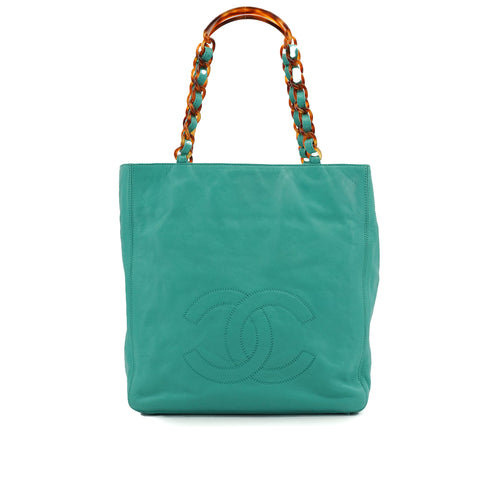 VINTAGE CHANEL COCOMARK TORTOISESHELL HANDLE CHAIN TOTE BAG TURQUOISE LAMB SKIN 90343019