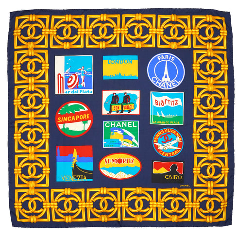 VINTAGE CHANEL COCOMARK TRAVELSTICKER PATTERN SCARF NAVY 90338266