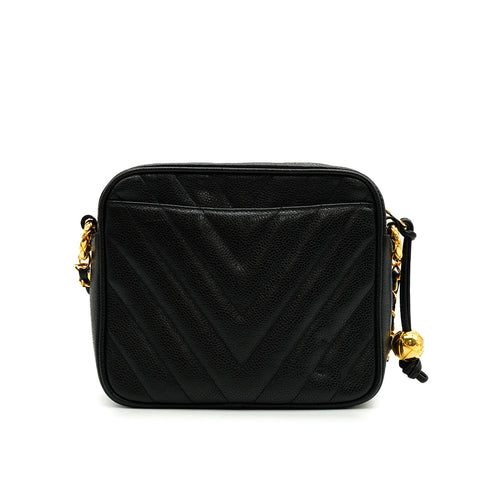 VINTAGE CHANEL COCO BALL CHEVRON V STITCH CHAIN SHOULDER BAG BLACK CAVIAR SKIN GOLD HARDWARE 90349391