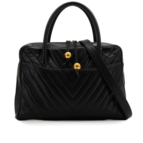 VINTAGE CHANEL COCO BALL CHEVRON V STITCH SHOULDER HAND BAG BLACK LAMB SKIN GOLD HARDWARE 90346876