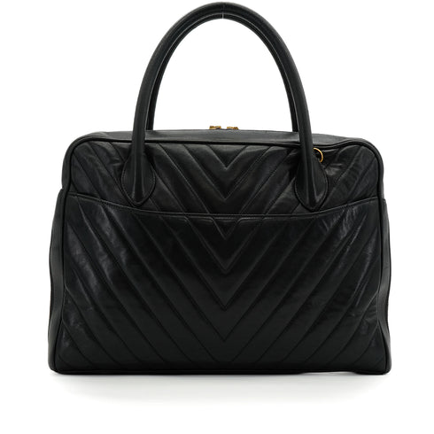 VINTAGE CHANEL COCO BALL CHEVRON V STITCH SHOULDER HAND BAG BLACK LAMB SKIN GOLD HARDWARE 90346876