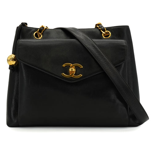 VINTAGE CHANEL COCO BALL TURN LOCK CHAIN SHOULDER BAG BLACK LAMB SKIN GOLD HARDWARE 90343416