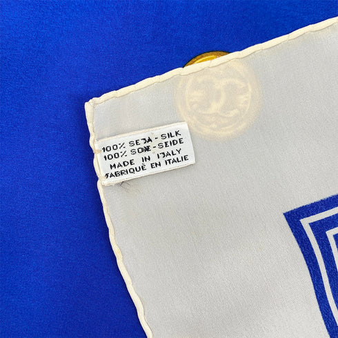 VINTAGE CHANEL COCO BUTTON BORDER PATTERN SCARF BLUE WHITE SILK 90323123