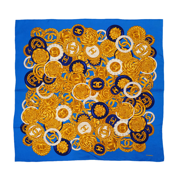 VINTAGE CHANEL COCO BUTTON CHAIN PATTERN SCARF BLUE SILK 90321066