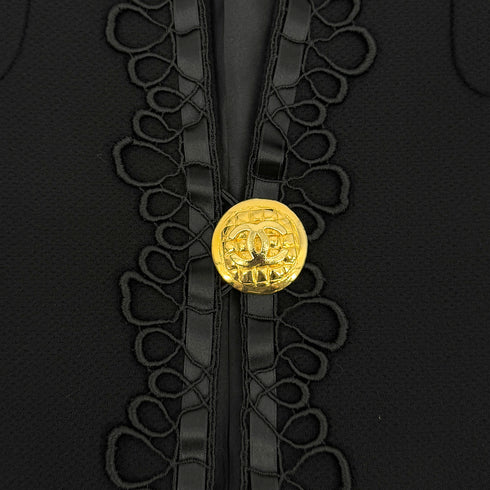 VINTAGE CHANEL COCO BUTTON FLOWER EMBROIDERY JACKET BLACK WOOL 40 RTW 90314892