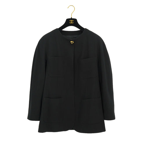 VINTAGE CHANEL COCO BUTTON NO COLLAR JACKET BLACK WOOL 42 RTW 90332936