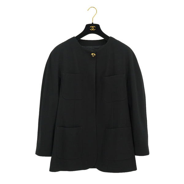 VINTAGE CHANEL COCO BUTTON NO COLLAR JACKET BLACK WOOL 42 RTW 90332936