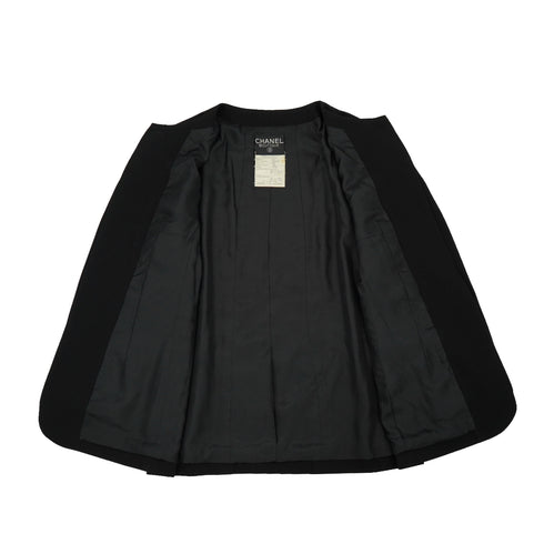 VINTAGE CHANEL COCO BUTTON NO COLLAR JACKET BLACK WOOL 42 RTW 90332936