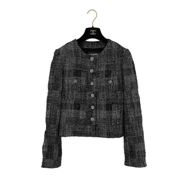 CHANEL COCO BUTTON RHINESTONE TWEED JACKET BLACK WHITE COTTON WOOL 38 P73 RTW 90319631