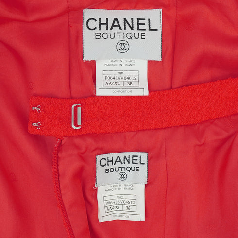VINTAGE CHANEL COCO BUTTON TWEED JACKET SKIRT SET RED WOOL 38 96P RTW 90332947