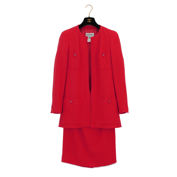 VINTAGE CHANEL COCO BUTTON TWEED JACKET SKIRT SET RED WOOL 38 96P RTW 90332947