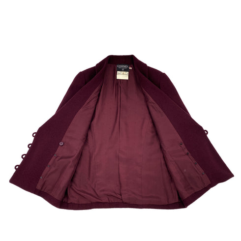 VINTAGE CHANEL COCO BUTTON TWEED JACKET SKIRT SET BORDEAUX WOOL 38 RTW 90319638