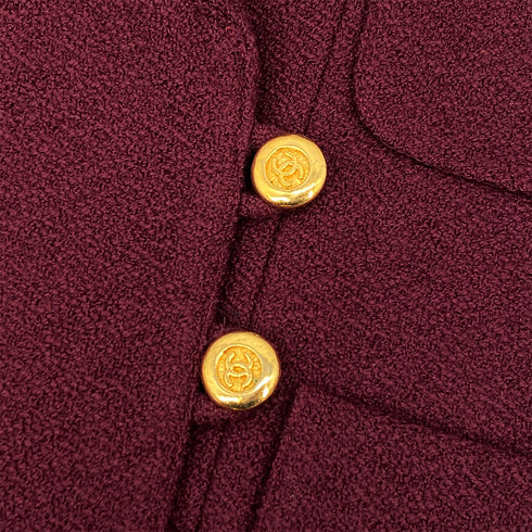 VINTAGE CHANEL COCO BUTTON TWEED JACKET SKIRT SET BORDEAUX WOOL 38 RTW 90319638