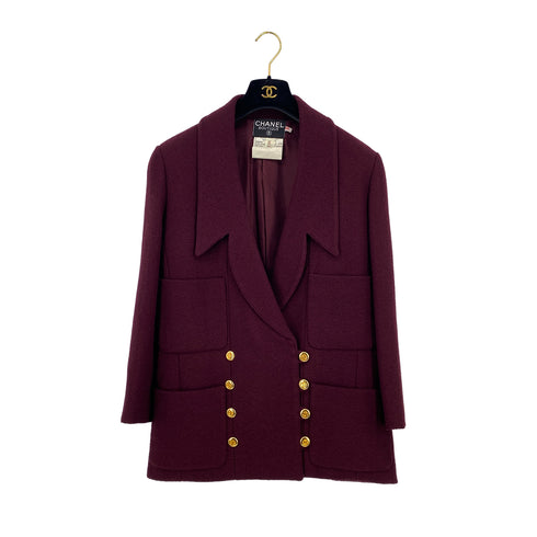 VINTAGE CHANEL COCO BUTTON TWEED JACKET SKIRT SET BORDEAUX WOOL 38 RTW 90319638