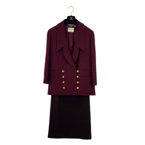 VINTAGE CHANEL COCO BUTTON TWEED JACKET SKIRT SET BORDEAUX WOOL 38 RTW 90319638