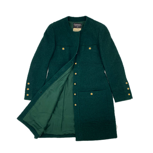 VINTAGE CHANEL COCO BUTTON TWEED LONG COAT DARK GREEN WOOL 40 93A RTW 90319626