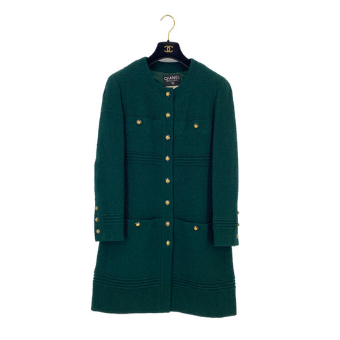 VINTAGE CHANEL COCO BUTTON TWEED LONG COAT DARK GREEN WOOL 40 93A RTW 90319626
