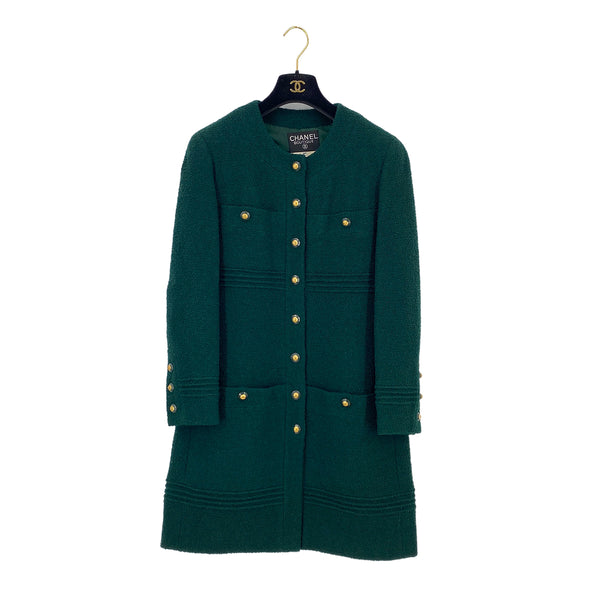 VINTAGE CHANEL COCO BUTTON TWEED LONG COAT DARK GREEN WOOL 40 93A RTW 90319626