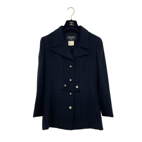 VINTAGE CHANEL COCO BUTTON WAIST CINCHING JACKET BLACK CASHMERE 40 36A RTW 90319635