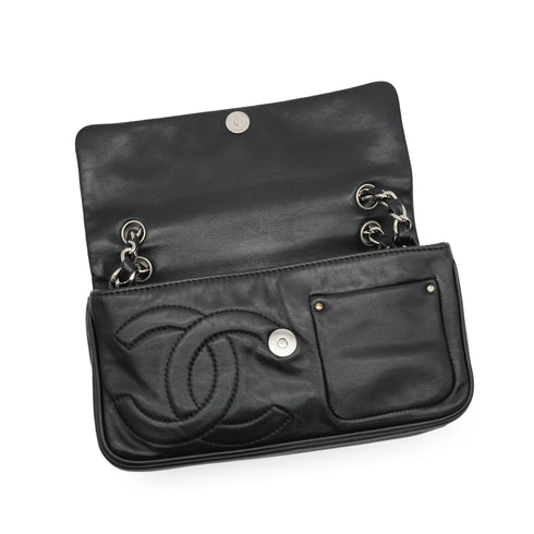 VINTAGE CHANEL COCO MARK CHAIN SHOULDER BAG BLACK LAMB SKIN SILVER HARDWARE 90348325