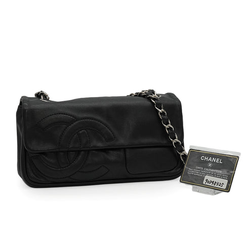 VINTAGE CHANEL COCO MARK CHAIN SHOULDER BAG BLACK LAMB SKIN SILVER HARDWARE 90348325