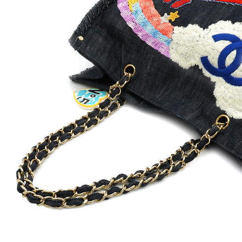 VINTAGE CHANEL COCO NIGHT FIGHT CHAIN TOTE BAG BLUE DENIM GOLD HARDWARE 90339647