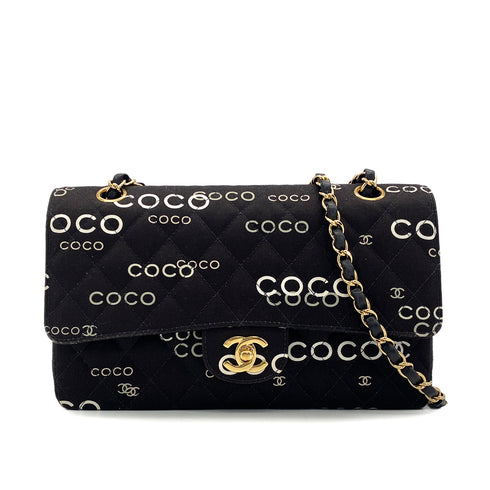 VINTAGE CHANEL COCO PRINT CHAIN SHOULDER BAG BLACK CANVAS GOLD HARDWARE 90324628