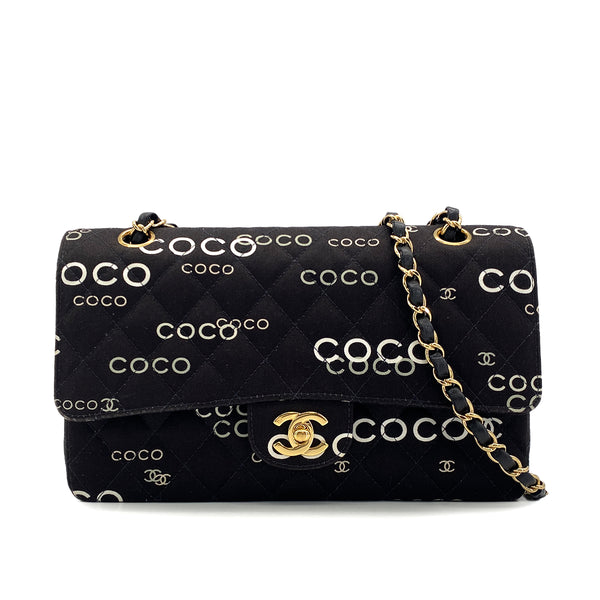 VINTAGE CHANEL COCO PRINT CHAIN SHOULDER BAG BLACK CANVAS GOLD HARDWARE 90324628