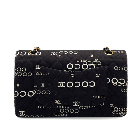 VINTAGE CHANEL COCO PRINT CHAIN SHOULDER BAG BLACK CANVAS GOLD HARDWARE 90324628