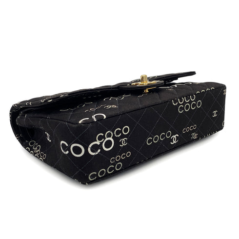 VINTAGE CHANEL COCO PRINT CHAIN SHOULDER BAG BLACK CANVAS GOLD HARDWARE 90324628