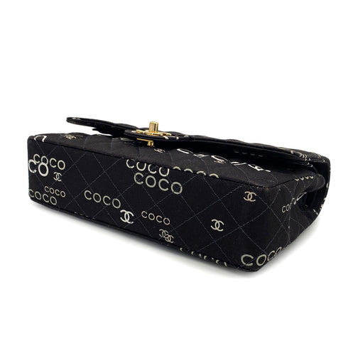 VINTAGE CHANEL COCO PRINT CHAIN SHOULDER BAG BLACK CANVAS GOLD HARDWARE 90324628