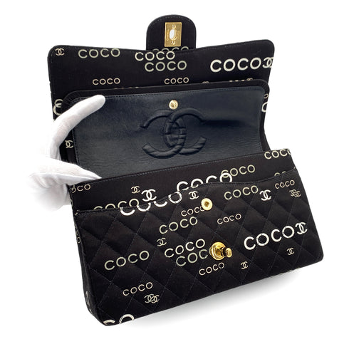 VINTAGE CHANEL COCO PRINT CHAIN SHOULDER BAG BLACK CANVAS GOLD HARDWARE 90324628