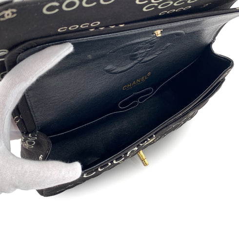 VINTAGE CHANEL COCO PRINT CHAIN SHOULDER BAG BLACK CANVAS GOLD HARDWARE 90324628