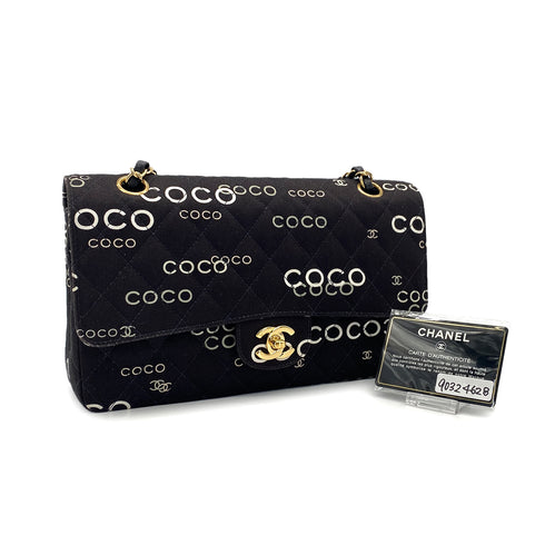 VINTAGE CHANEL COCO PRINT CHAIN SHOULDER BAG BLACK CANVAS GOLD HARDWARE 90324628
