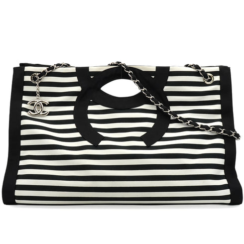 VINTAGE CHANEL CRUISE LINE CHAIN SHOULDER TOTE BAG BLACK CANVAS DENIM SILVER HARDWARE 90350349
