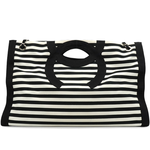 VINTAGE CHANEL CRUISE LINE CHAIN SHOULDER TOTE BAG BLACK CANVAS DENIM SILVER HARDWARE 90350349