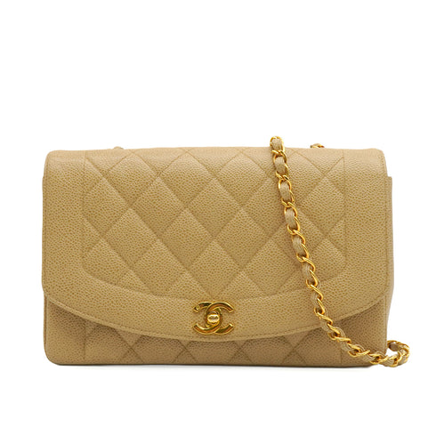 VINTAGE CHANEL DIANA MEDIUM CHAIN SHOULDER BAG BEIGE CAVIAR SKIN GOLD HARDWARE 90350395