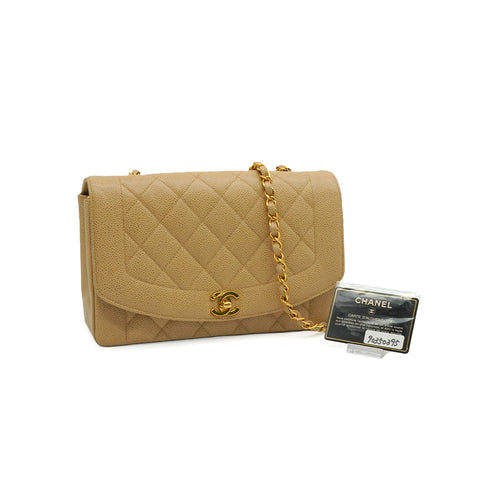 VINTAGE CHANEL DIANA MEDIUM CHAIN SHOULDER BAG BEIGE CAVIAR SKIN GOLD HARDWARE 90350395