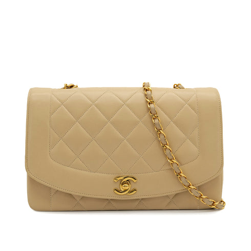 VINTAGE CHANEL DIANA MEDIUM CHAIN SHOULDER BAG BEIGE LAMB SKIN GOLD HARDWARE 90314777