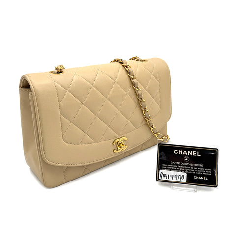 VINTAGE CHANEL DIANA MEDIUM CHAIN SHOULDER BAG BEIGE LAMB SKIN GOLD HARDWARE 90314777