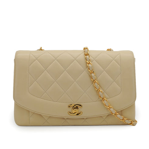 VINTAGE CHANEL DIANA MEDIUM CHAIN SHOULDER BAG BEIGE LAMB SKIN GOLD HARDWARE 90338766
