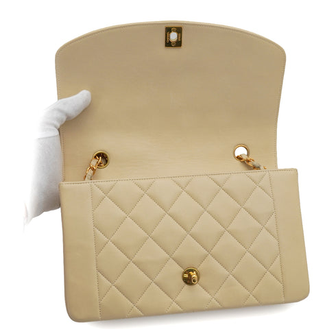 VINTAGE CHANEL DIANA MEDIUM CHAIN SHOULDER BAG BEIGE LAMB SKIN GOLD HARDWARE 90338766