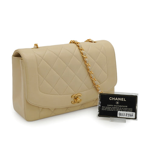 VINTAGE CHANEL DIANA MEDIUM CHAIN SHOULDER BAG BEIGE LAMB SKIN GOLD HARDWARE 90338766