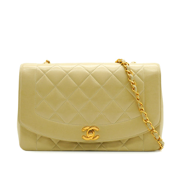 VINTAGE CHANEL DIANA MEDIUM CHAIN SHOULDER BAG BEIGE LAMB SKIN GOLD HARDWARE 90341864