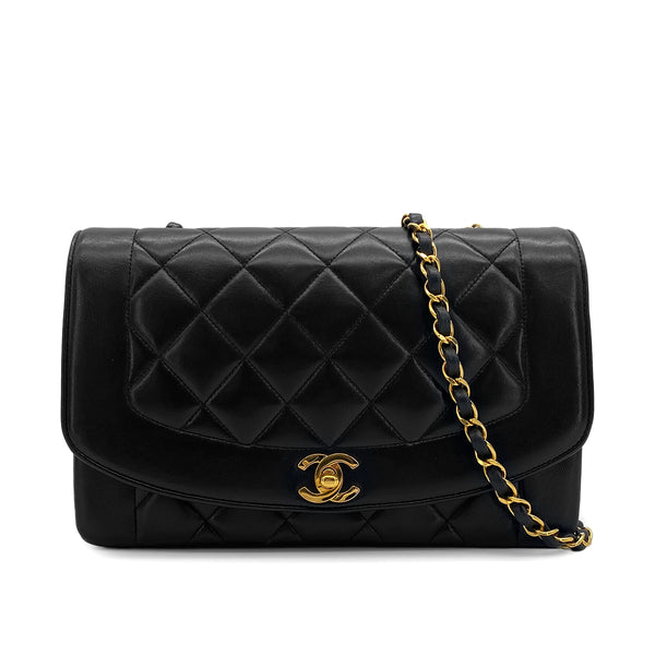VINTAGE CHANEL DIANA MEDIUM CHAIN SHOULDER BAG BLACK LAMB SKIN GOLD HARDWARE 90324763