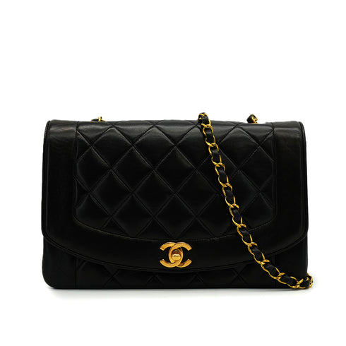 VINTAGE CHANEL DIANA MEDIUM CHAIN SHOULDER BAG BLACK LAMB SKIN GOLD HARDWARE 90349266
